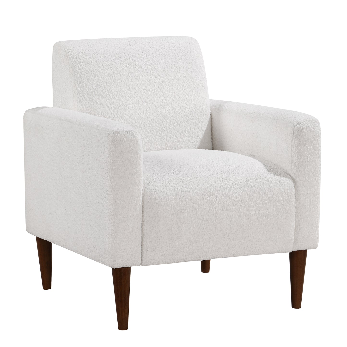 Plush white boucle armchair with tapered dark wood legs a cozy accent chair for any living room