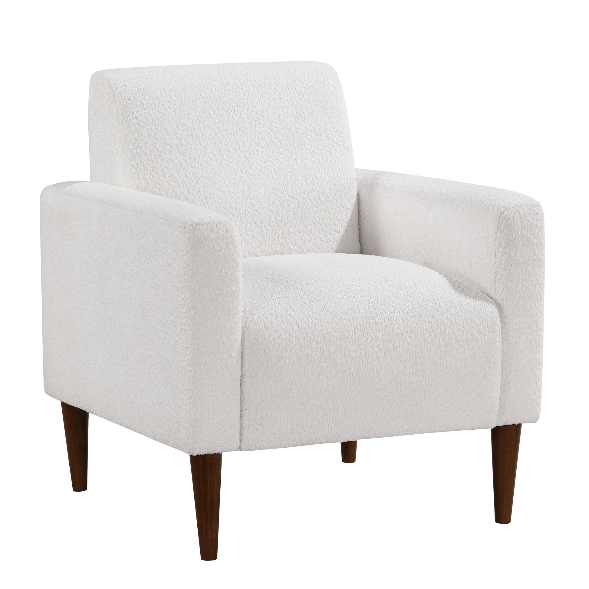 Plush white boucle armchair with tapered dark wood legs a cozy accent chair for any living room