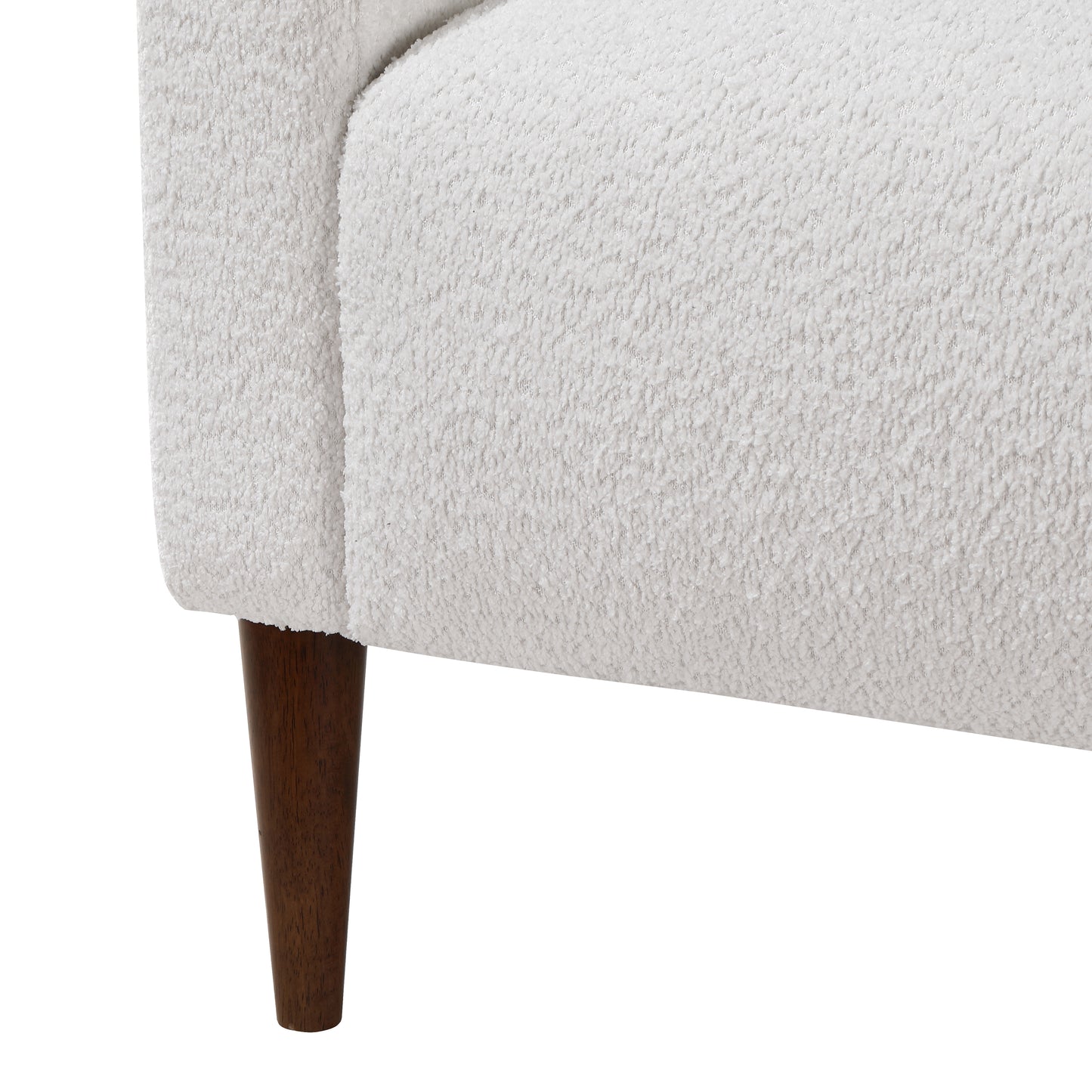 Textured boucle fabric sofa in offwhite with tapered wooden legs modern design