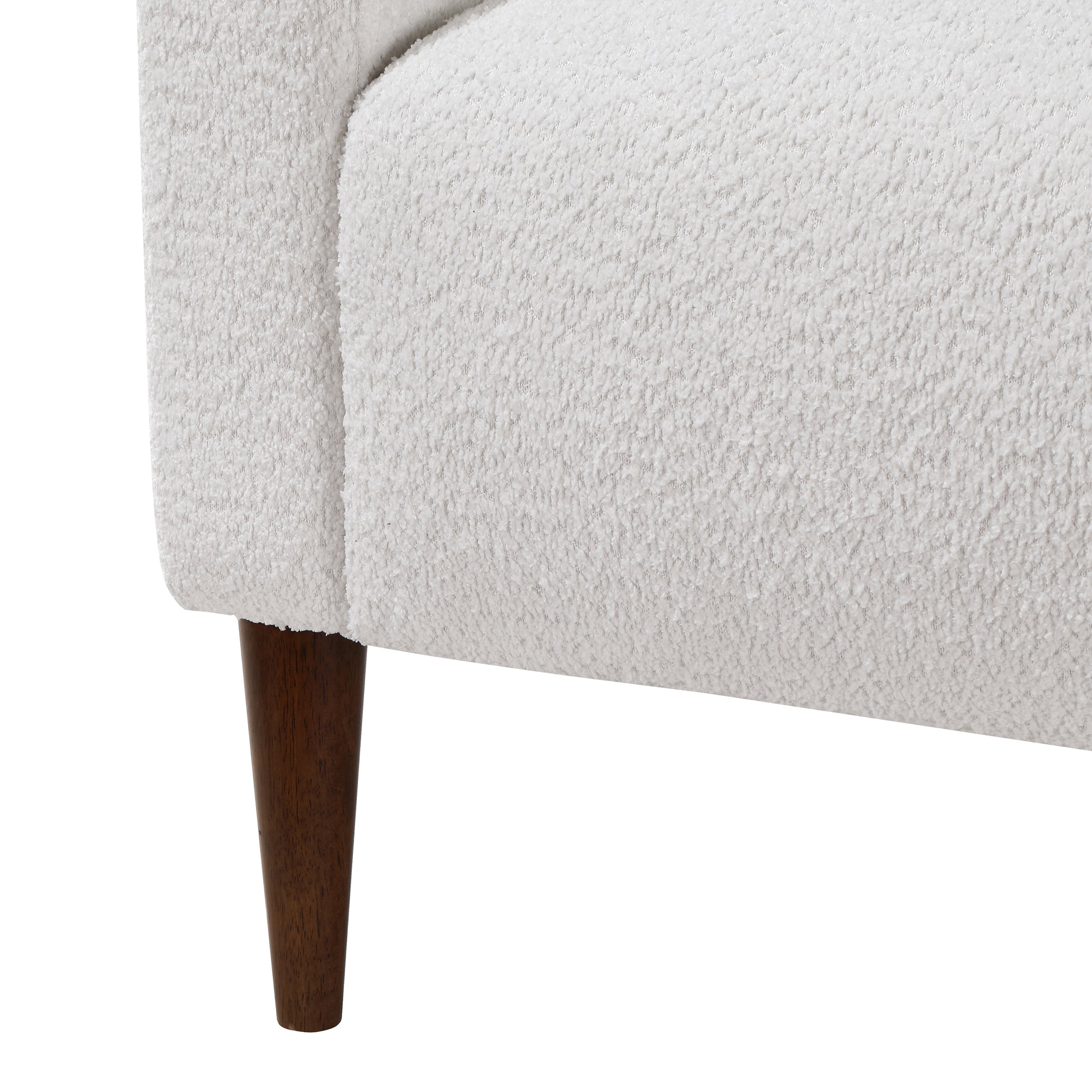 Textured boucle fabric sofa in offwhite with tapered wooden legs modern design