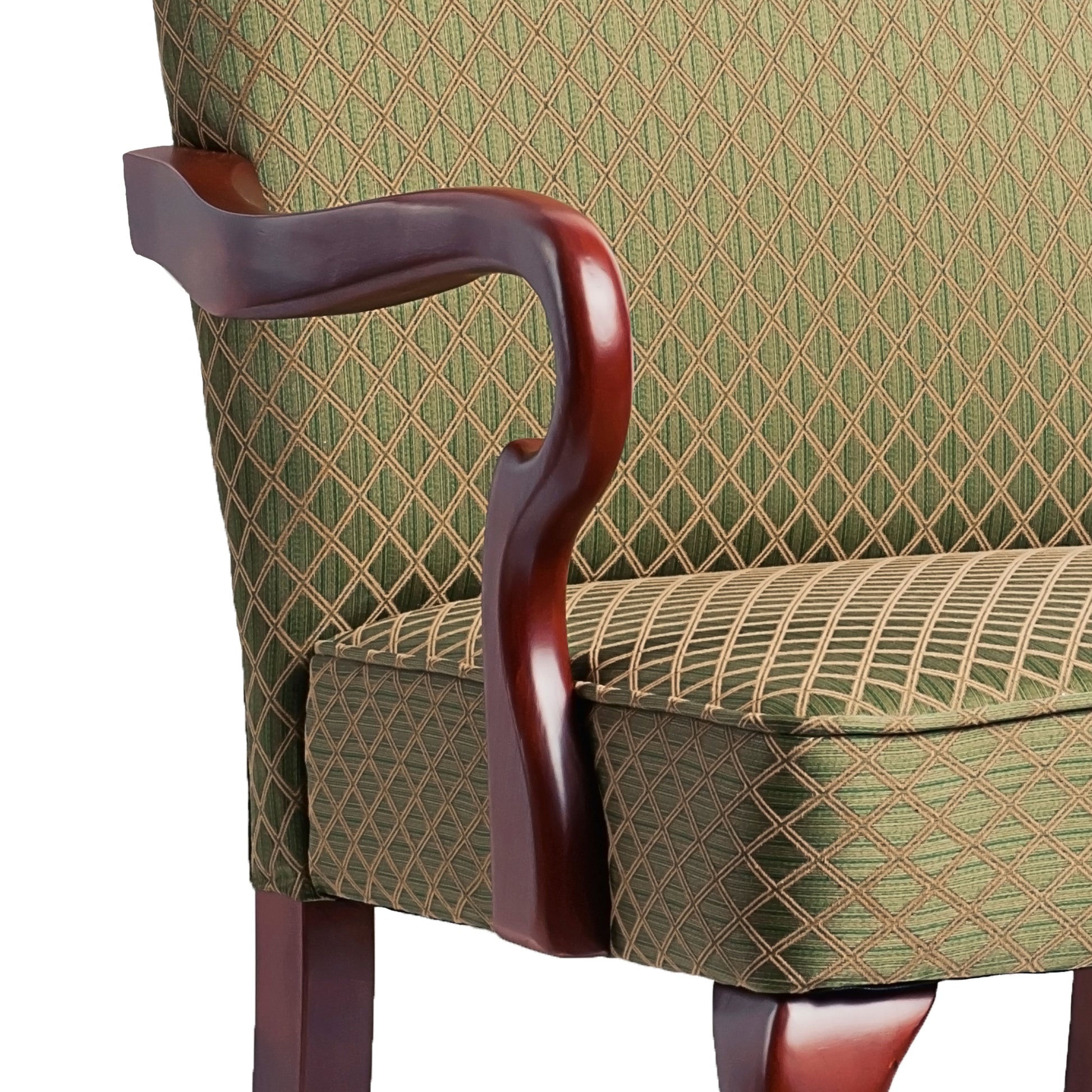 Elegant green damask armchair with polished mahogany arms perfect for a formal living room