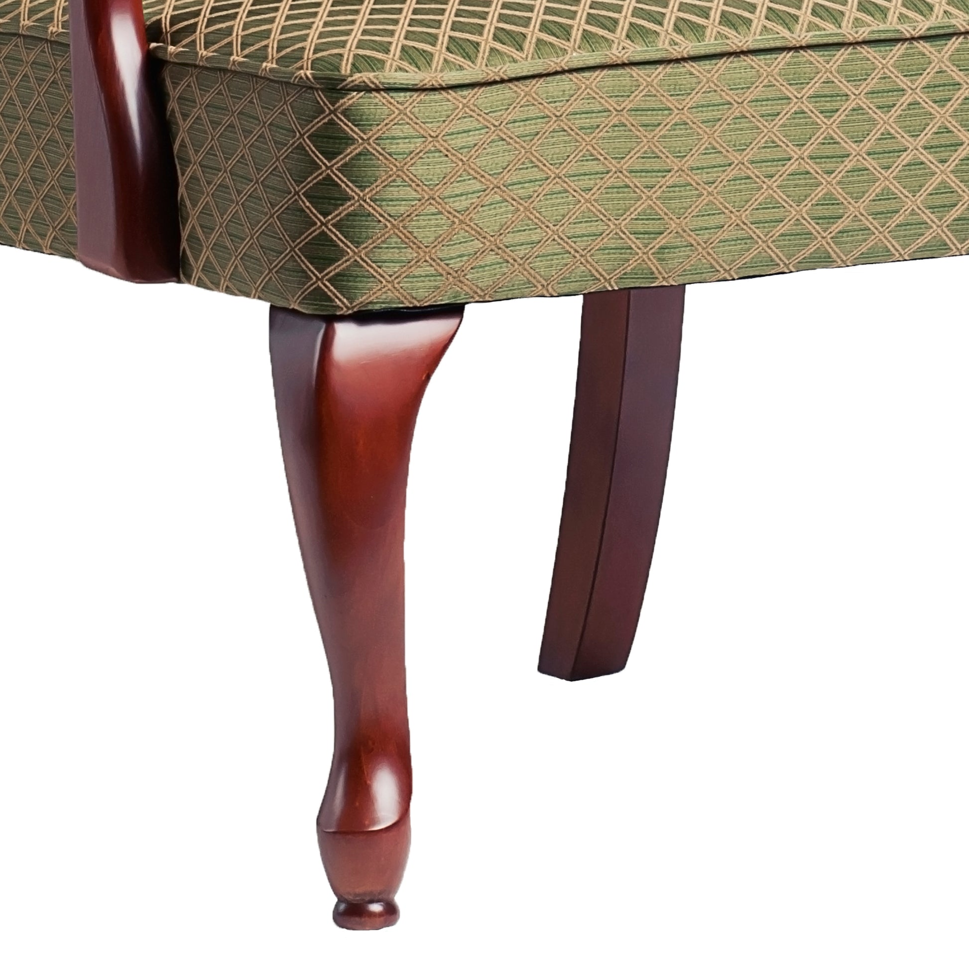 Green diamond pattern upholstered accent chair with curved mahogany legs