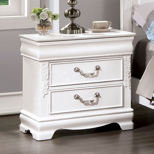 White wooden nightstand with ornate floral carving and two drawers