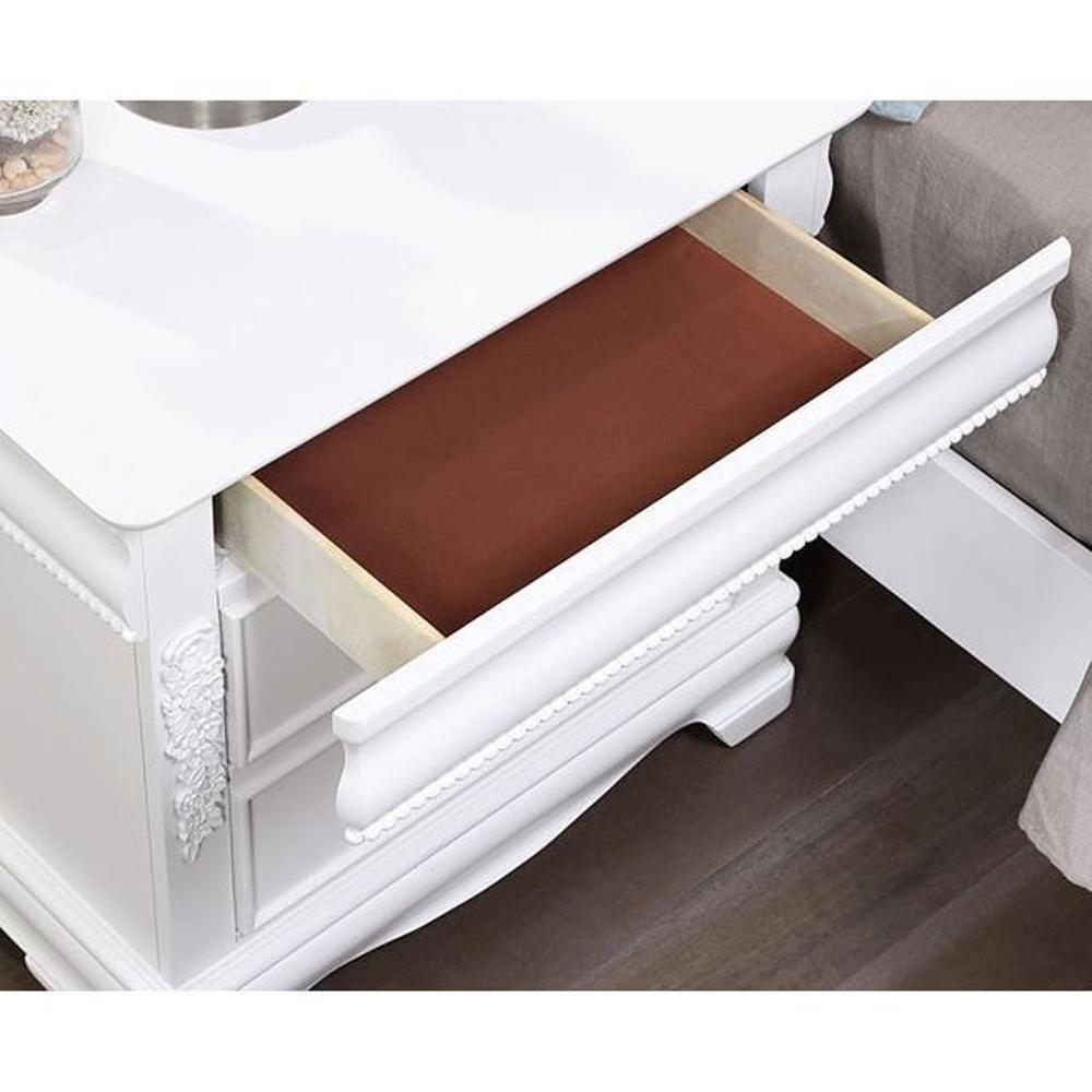 Elegant white bedside table with an open drawer showcasing its rich brown lining perfect for modern bedrooms
