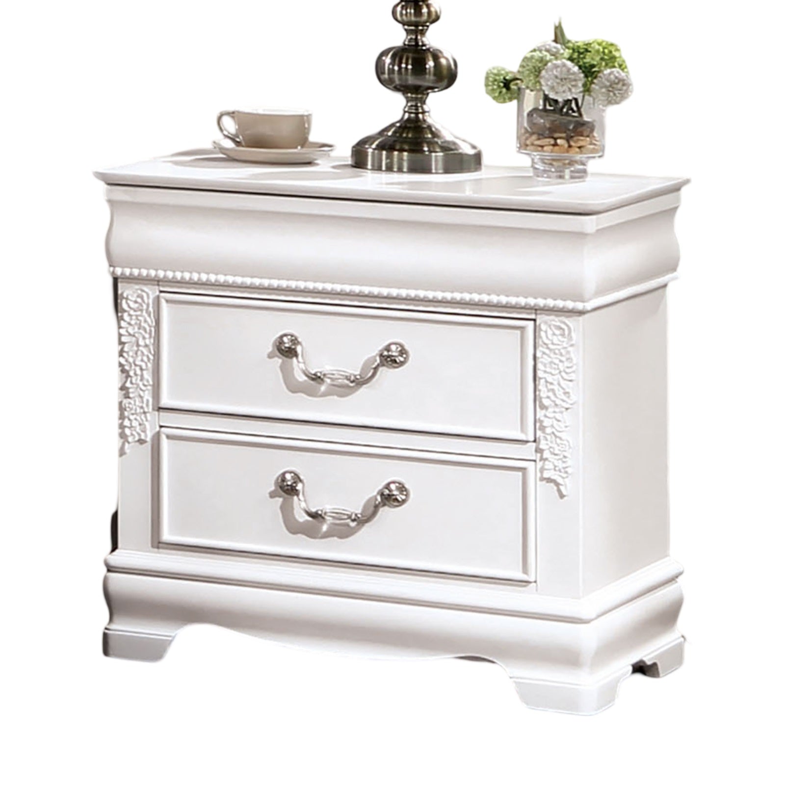 Elegant white nightstand with two drawers and ornate silver handles