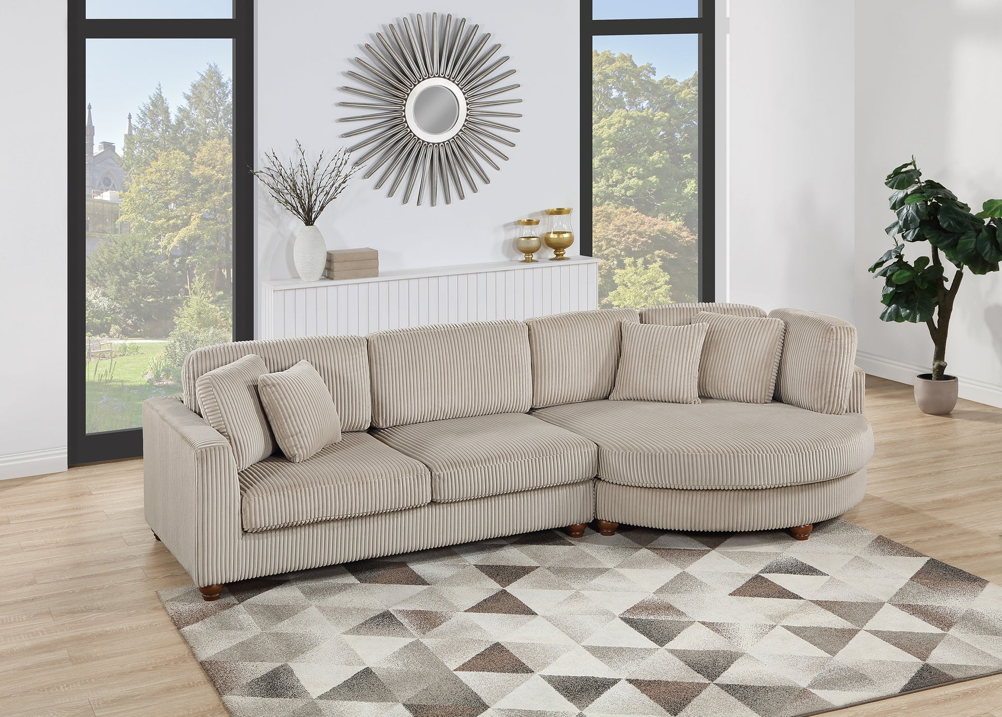 Beige corduroy sectional sofa with plush cushions and modern design