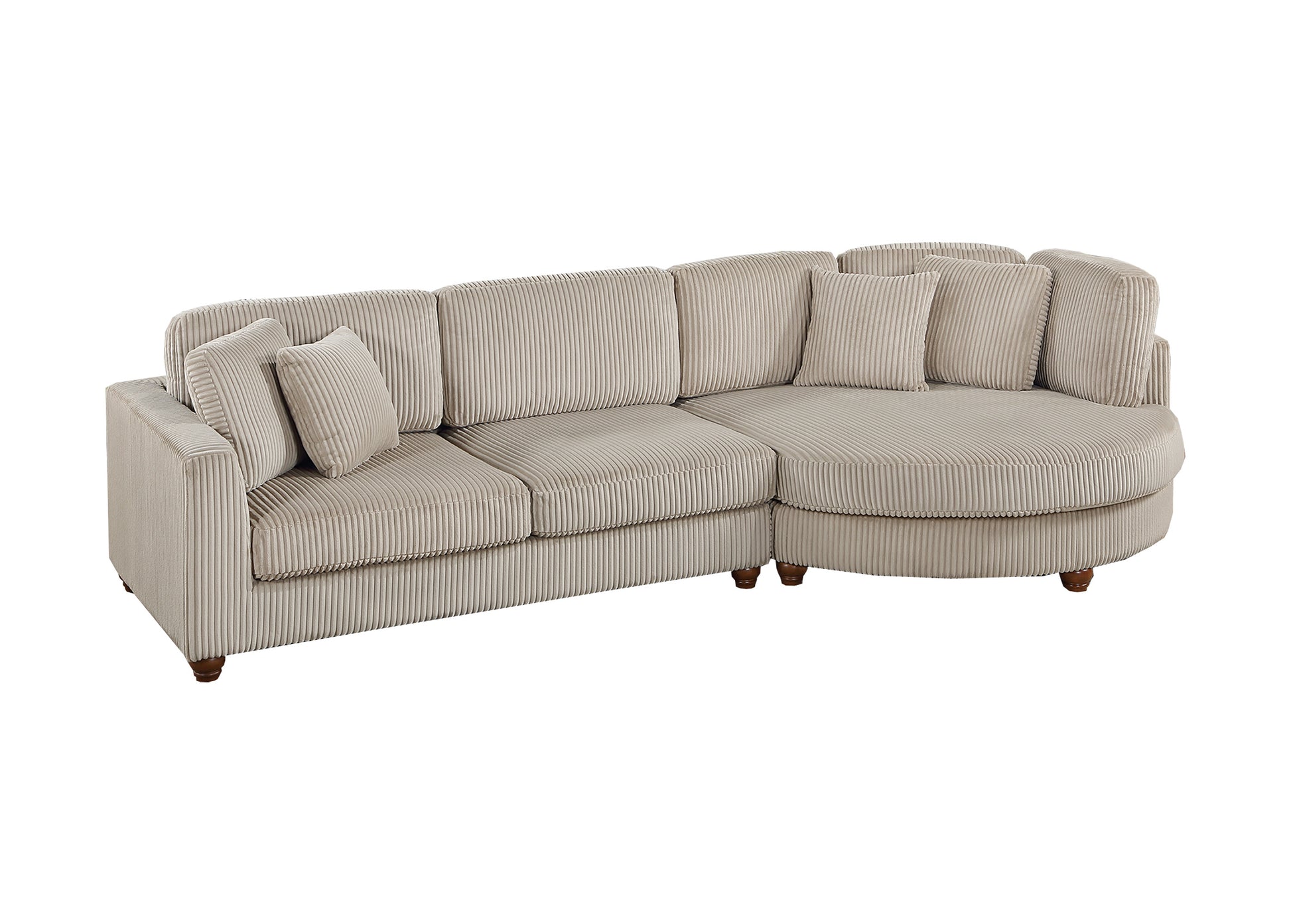 Beige corduroy sectional sofa with plush cushions and rounded chaise