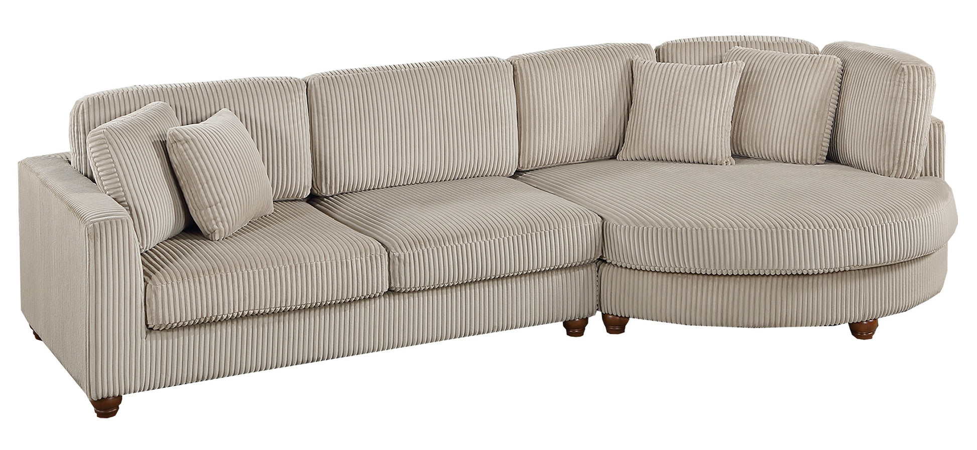 Beige corduroy sectional sofa with plush cushions and rounded chaise for a living room