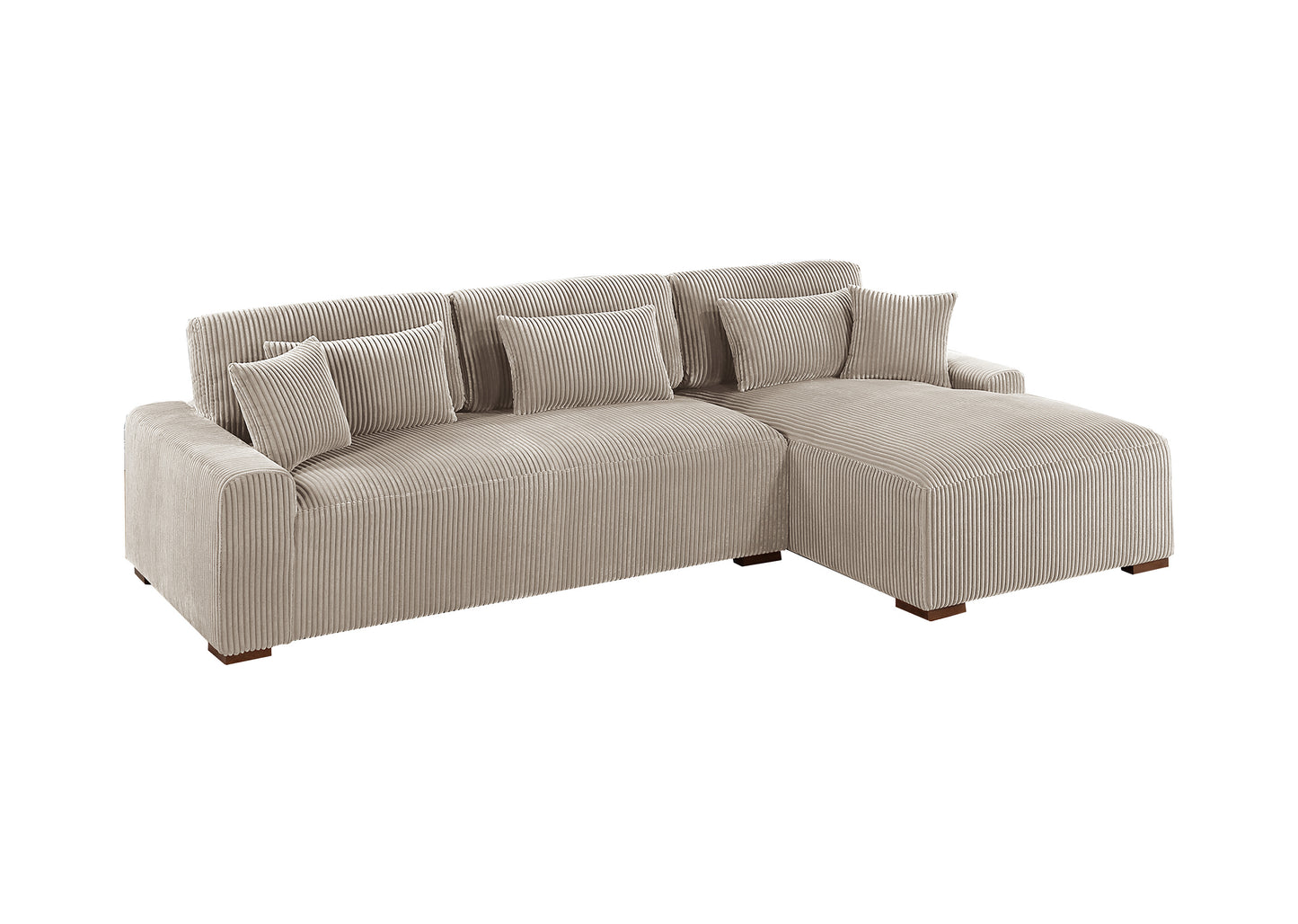 Corduroy sectional sofa in light beige with plush throw pillows for a cozy living room