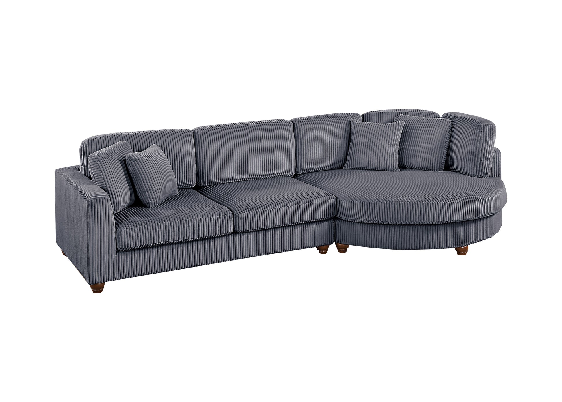 Dark grey corduroy Lshaped sectional sofa with plush cushions and rounded chaise