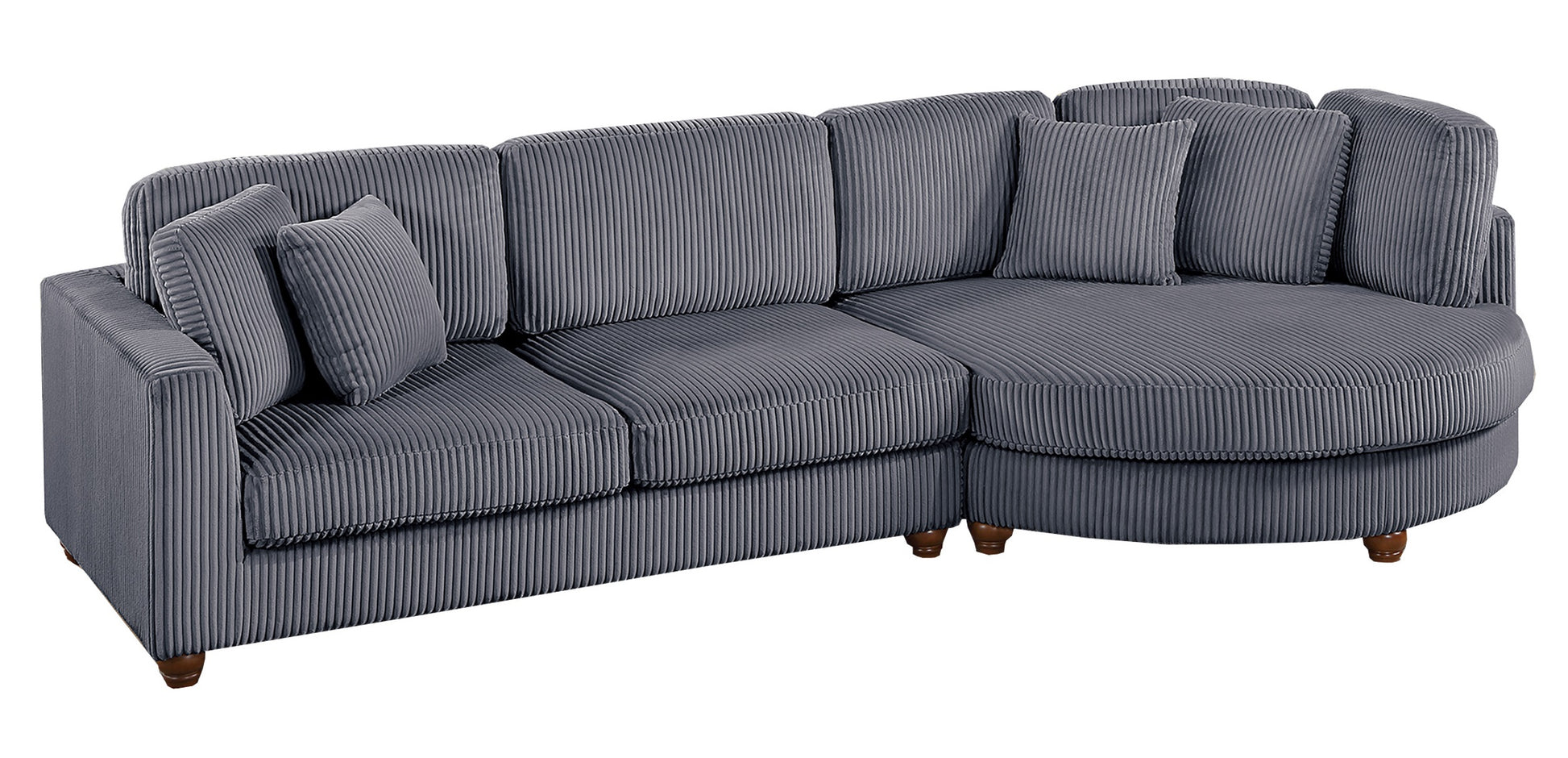 Gray corduroy sectional sofa with plush accent pillows and wooden legs