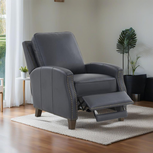 Dark gray leather recliner chair with brass nailhead trim and wooden legs