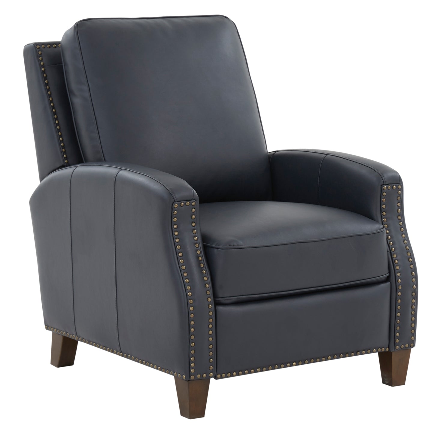 Dark navy leather recliner chair with brass nailhead trim and wooden legs