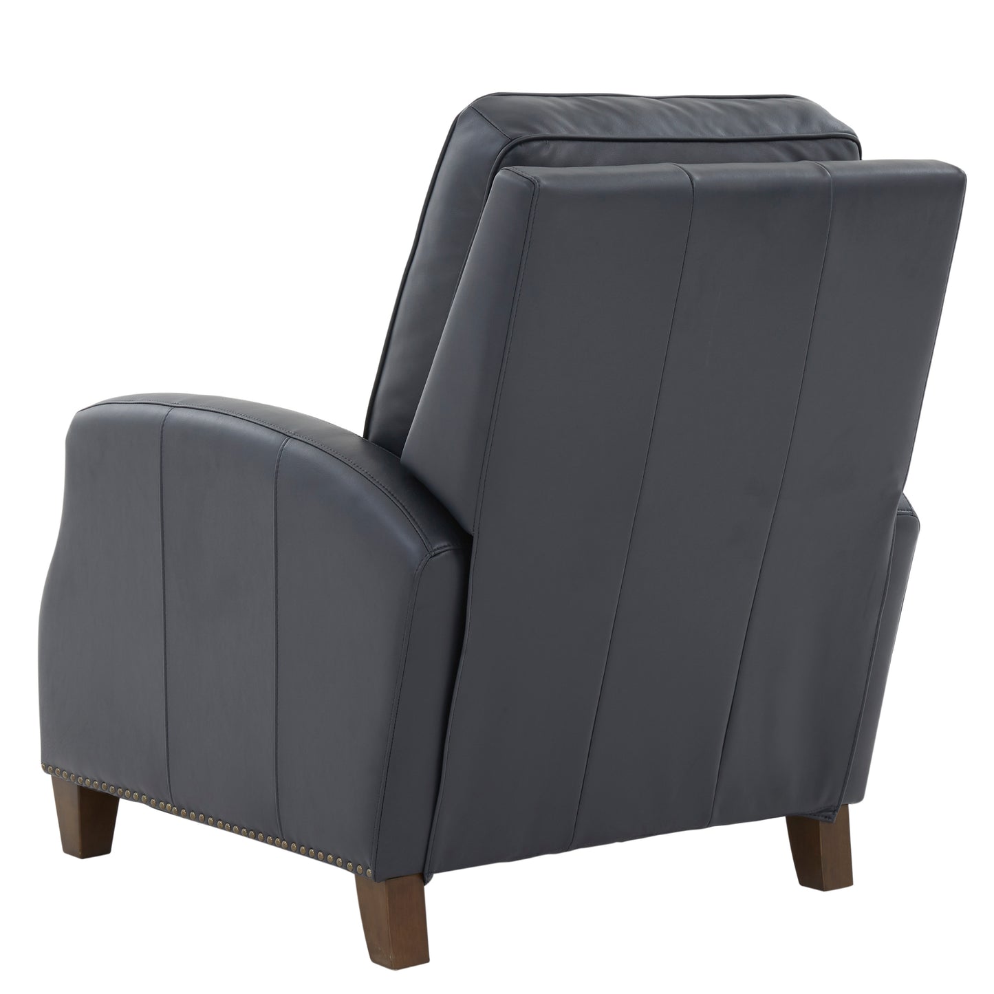 Dark gray leather recliner chair with decorative nailhead trim and wooden legs