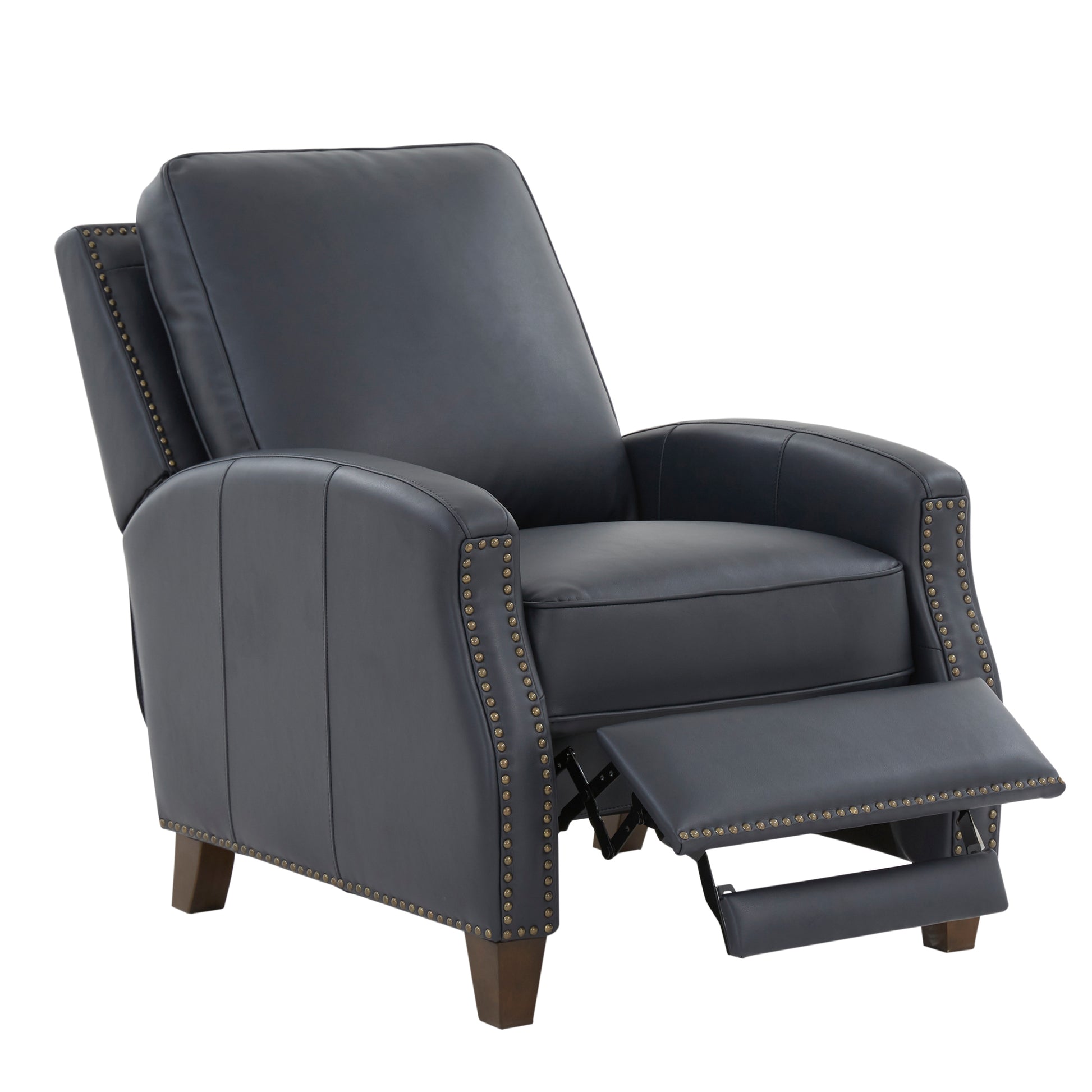 Dark gray leather recliner with brass nailhead trim and wooden legs footrest extended