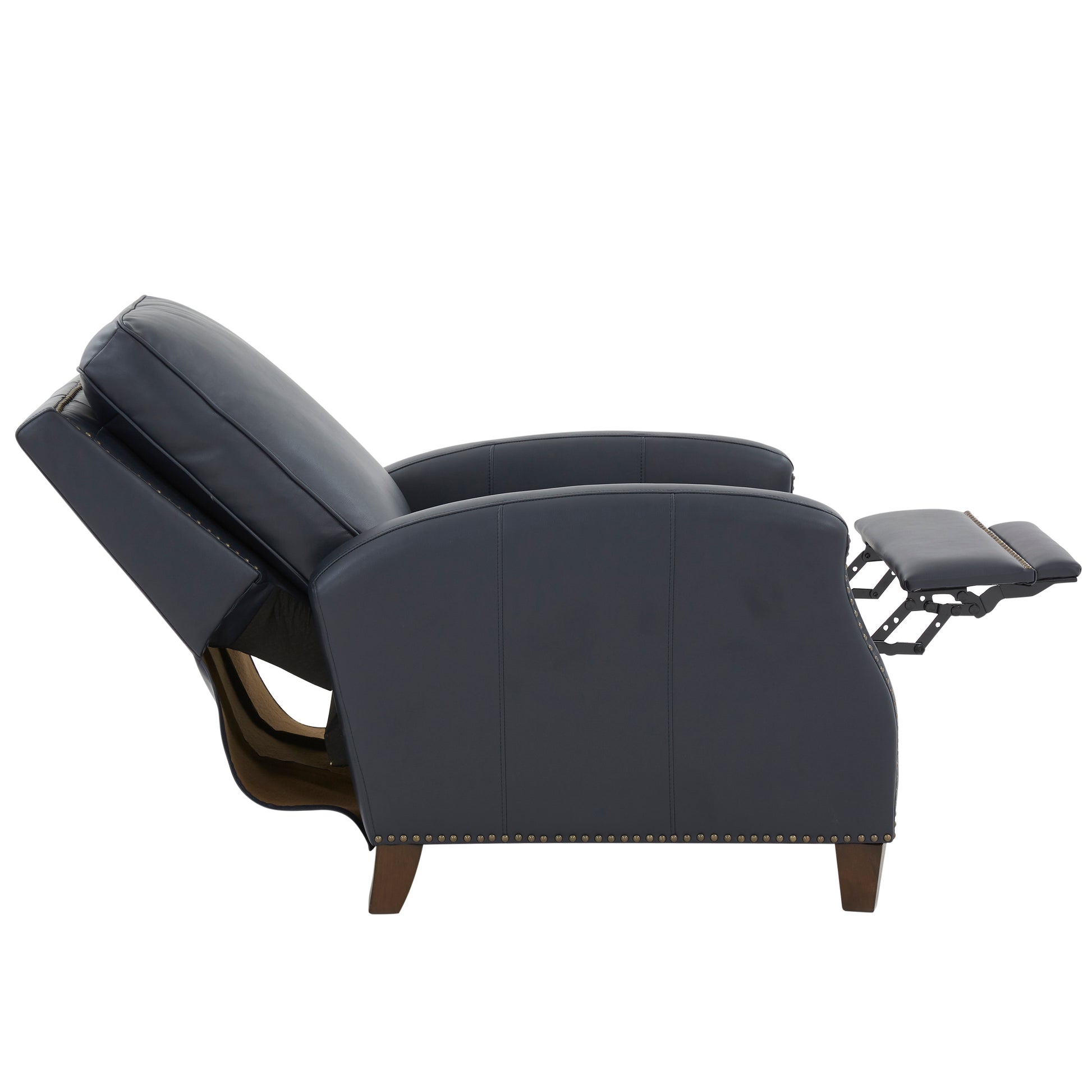 Dark grey leather recliner chair with extended footrest and nailhead trim