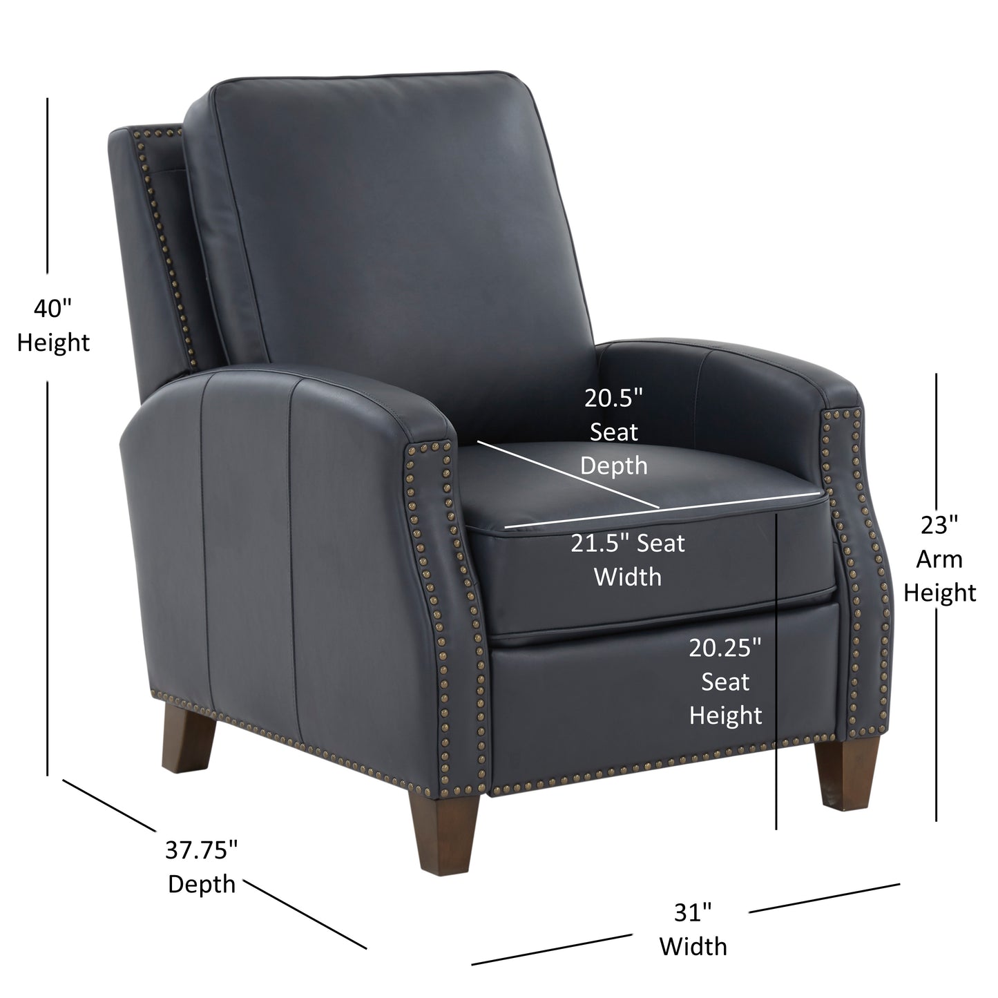Dark gray leather recliner chair with brass nailhead trim  height
