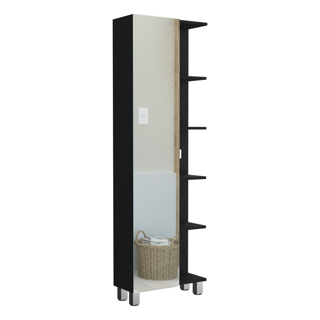 Tall black narrow shelving unit with open shelves ideal for small spaces