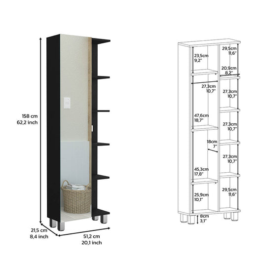 Tall black shelving unit with five open shelves and a basket on the bottom shelf
