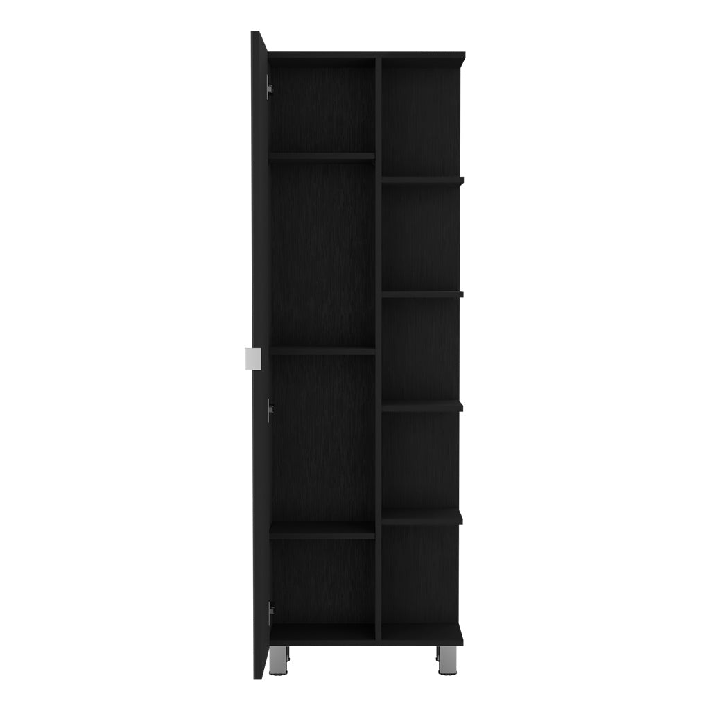 Tall black storage cabinet with open door and multiple shelves modern design