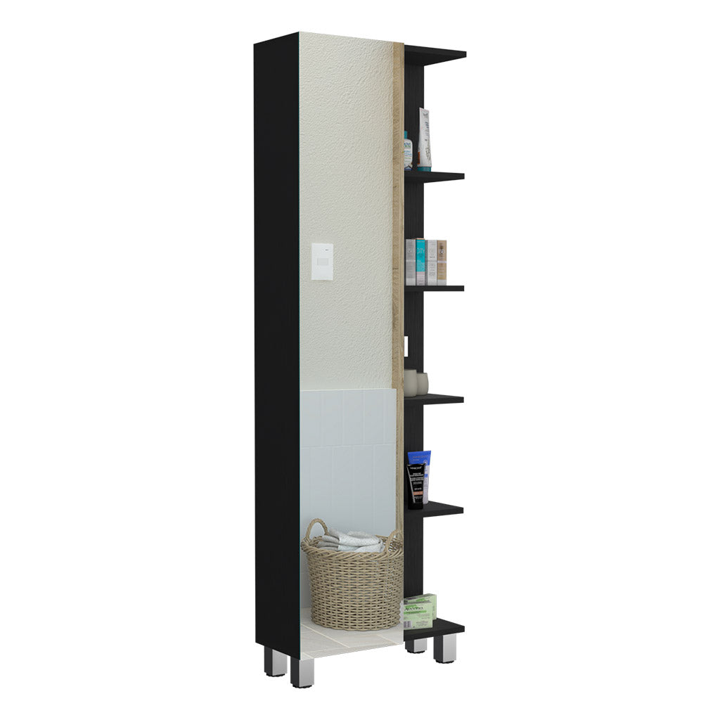Tall black shelving unit with open shelves holding toiletries and a woven basket