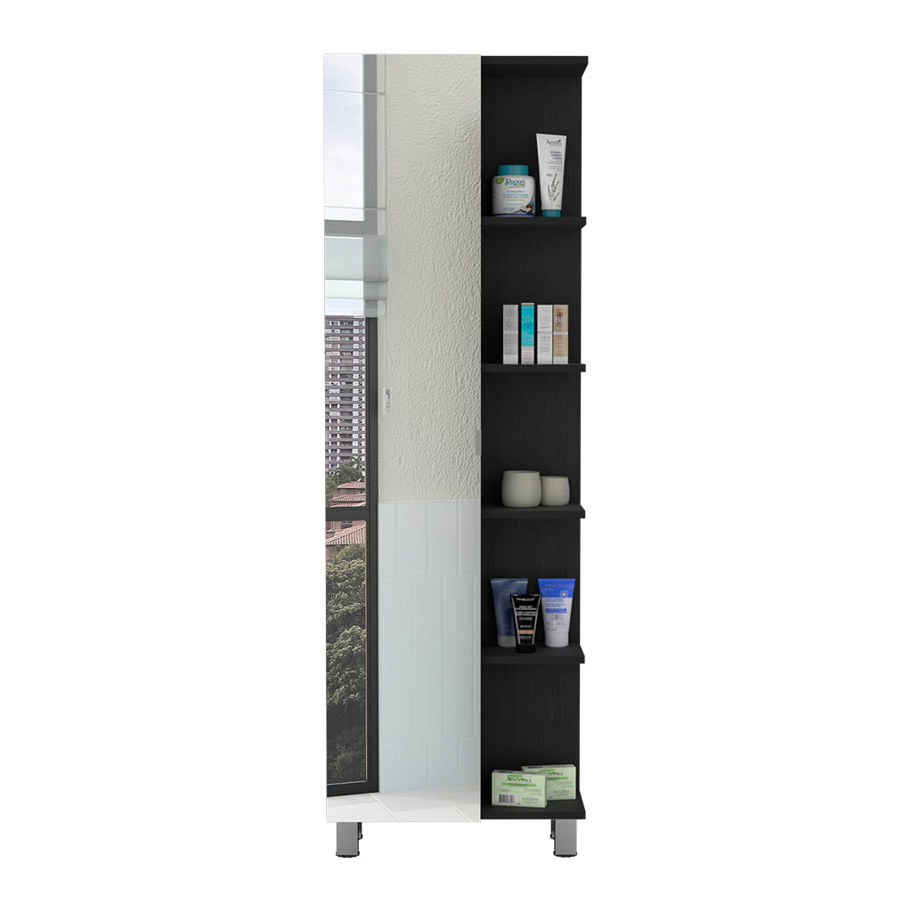 Black tall narrow storage shelf unit with toiletries and decor