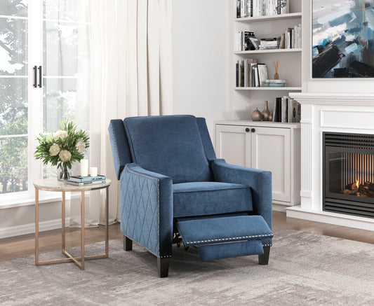 Blue fabric recliner chair with diamond tufting and silver nailhead trim