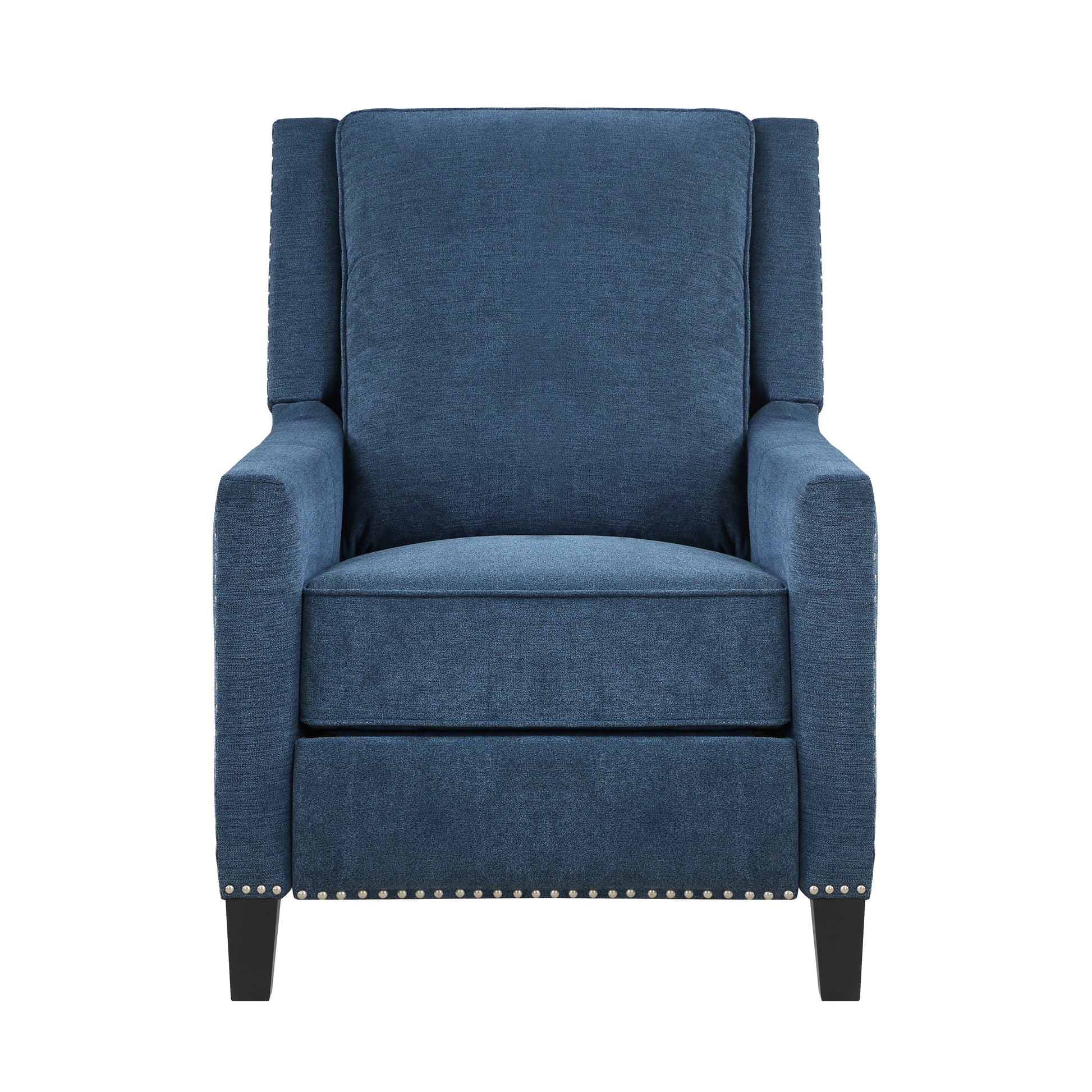 Deep blue fabric armchair with decorative nailhead trim and dark wood legs perfect for a living room