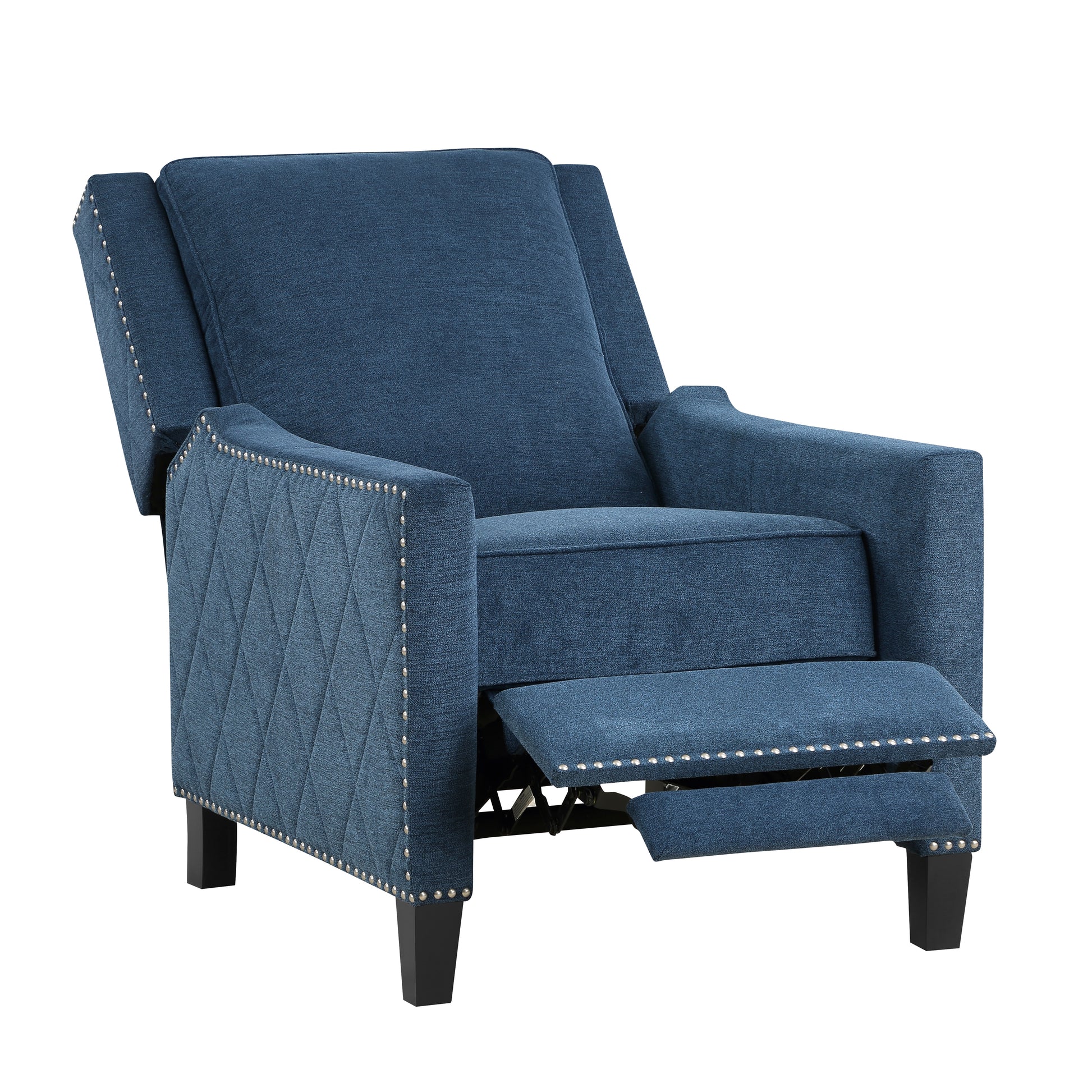Navy blue fabric recliner with decorative nailhead trim and diamond tufting on arms and sides