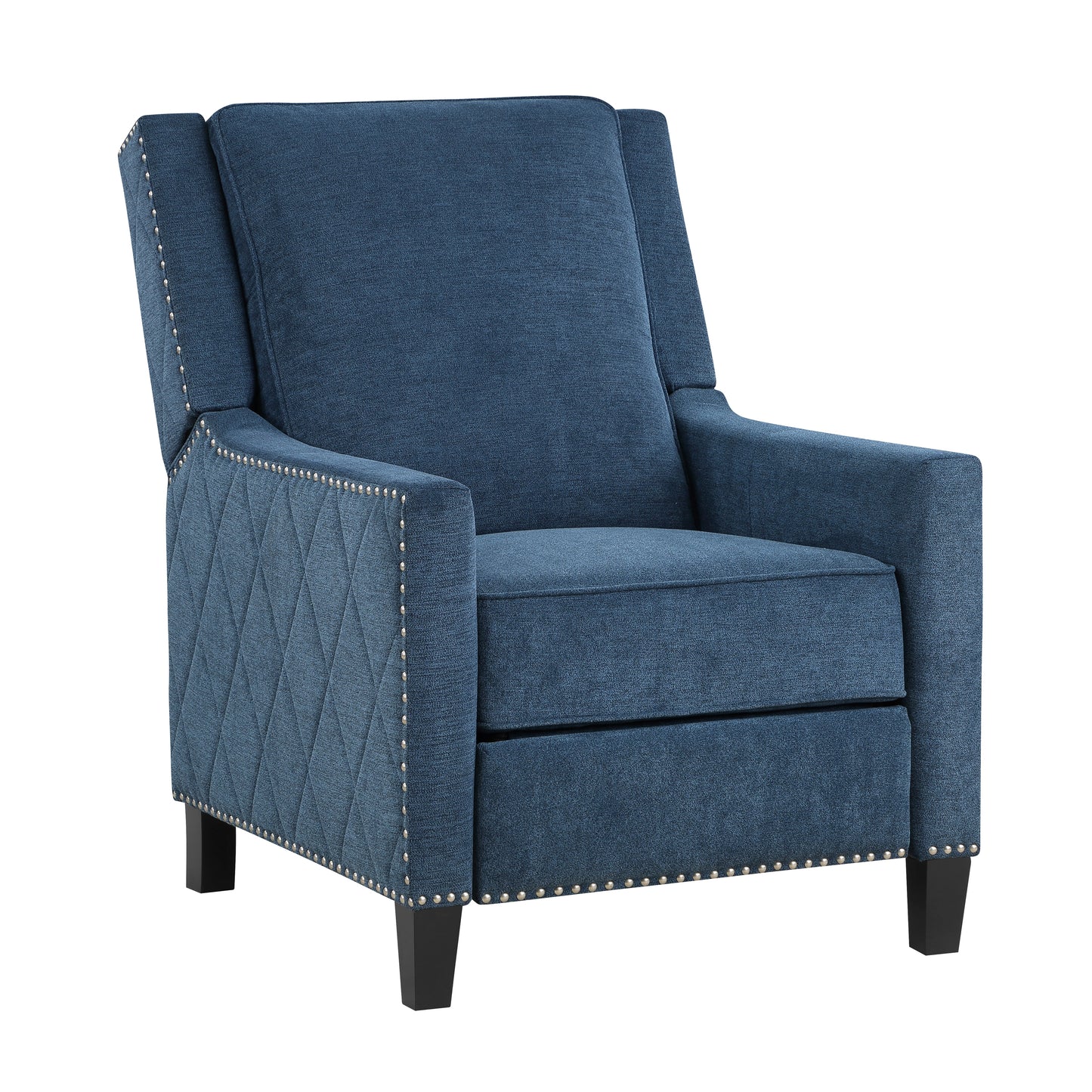 Deep blue fabric recliner chair with diamond tufting and silver nailhead trim accent