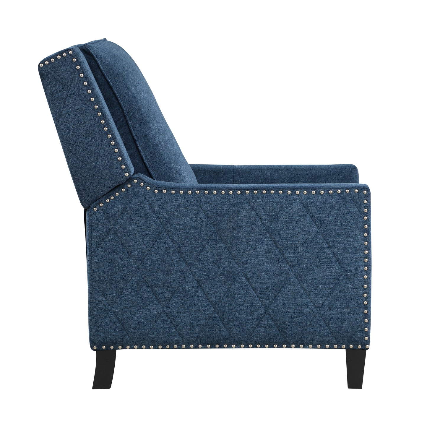 Deep blue upholstered recliner with diamond tufting and decorative nailhead trim