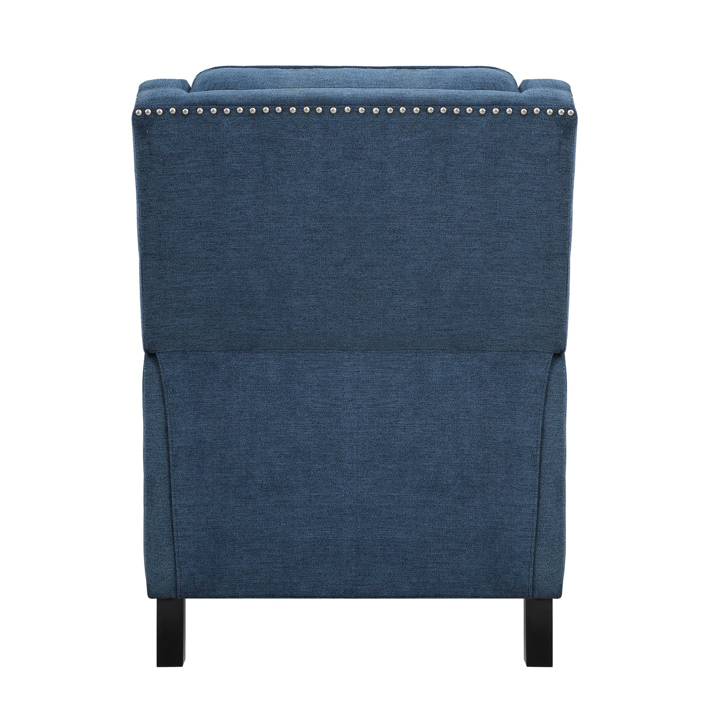 Back view of a navy blue tufted armchair with silver nailhead trim and black wooden legs