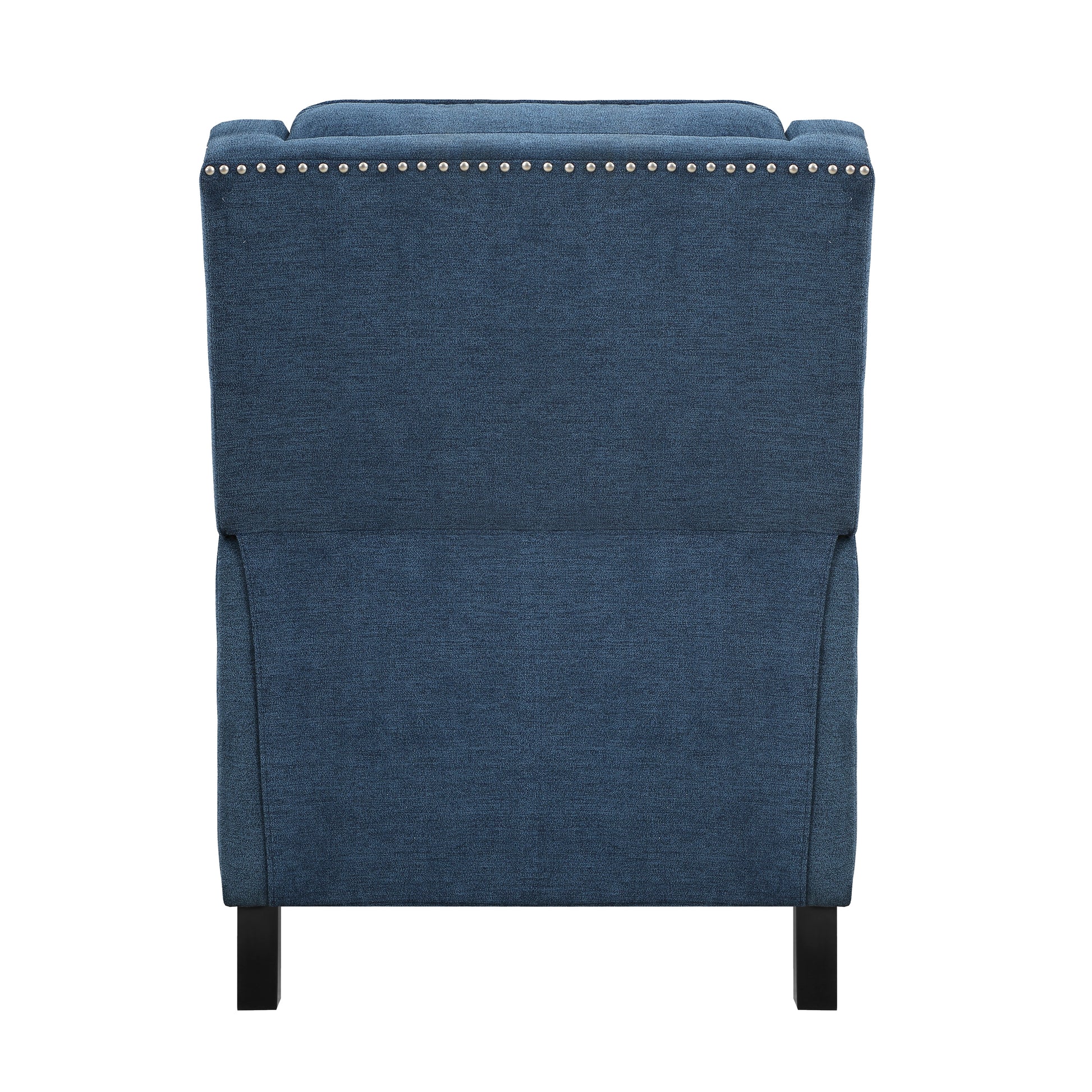Back view of a navy blue tufted armchair with silver nailhead trim and black wooden legs