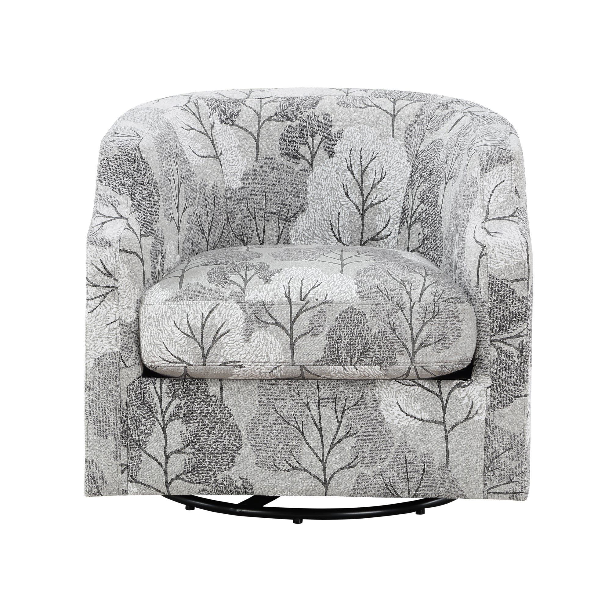 Gray fabric swivel accent chair with a minimalist tree pattern perfect for modern living rooms