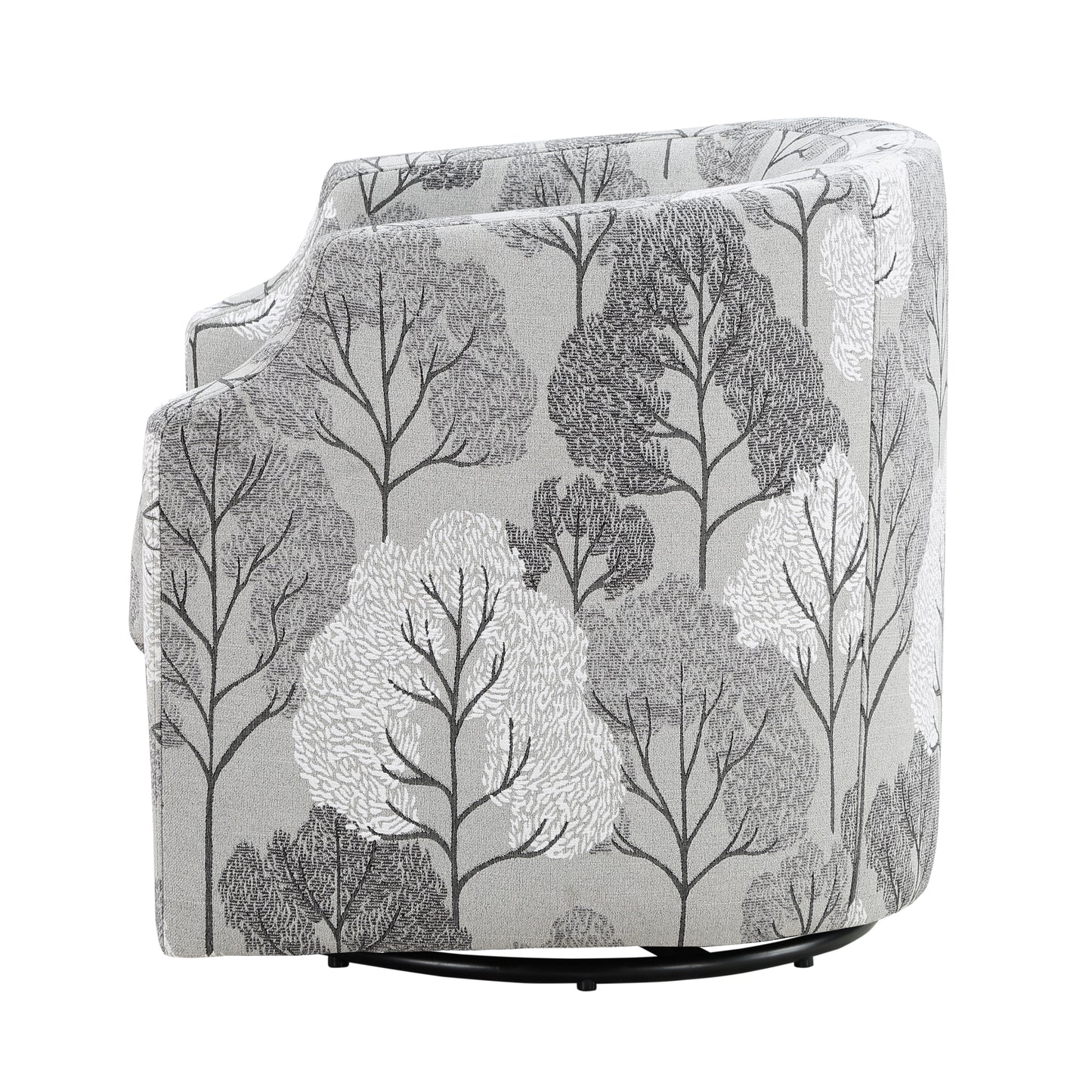 Modern grey armchair with a stylized tree silhouette pattern swiveling base for comfort