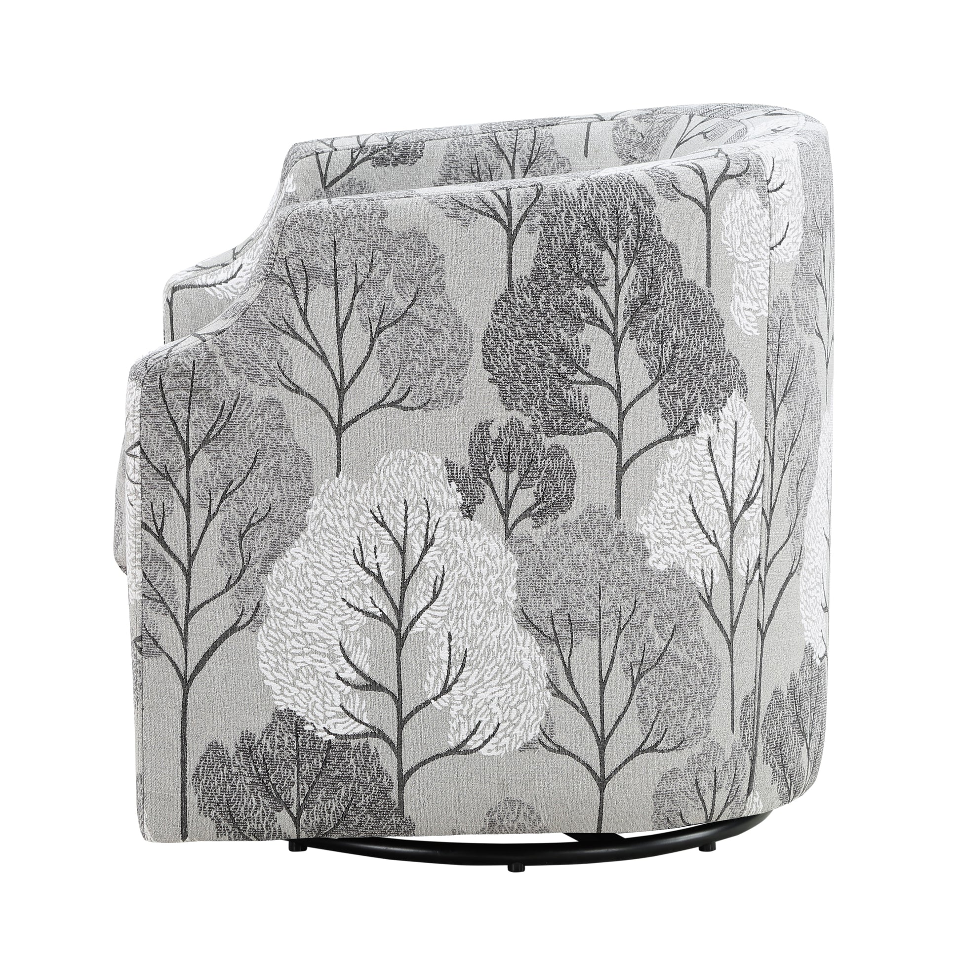 Modern grey armchair with a stylized tree silhouette pattern swiveling base for comfort