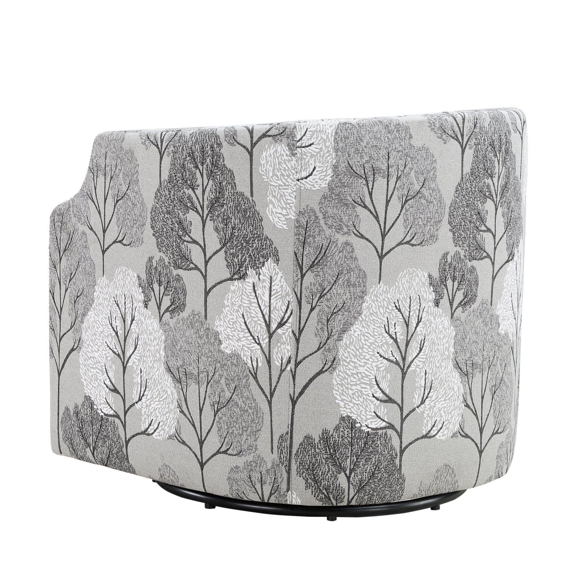 Swivel chair upholstered in gray fabric with a black tree silhouette pattern