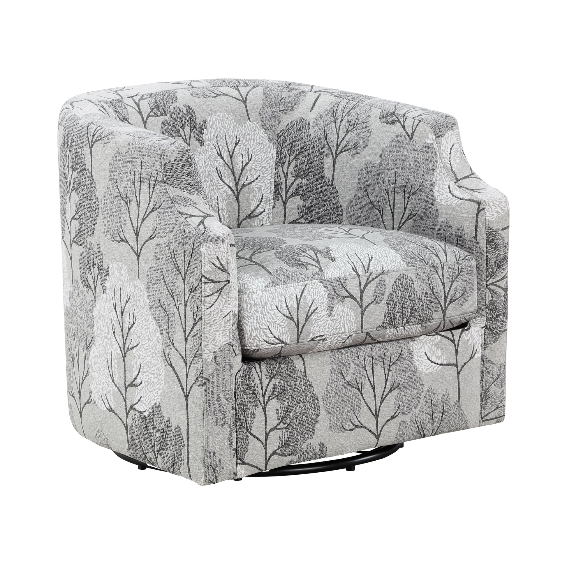 Grey swivel accent chair with a modern tree silhouette pattern perfect for a living room