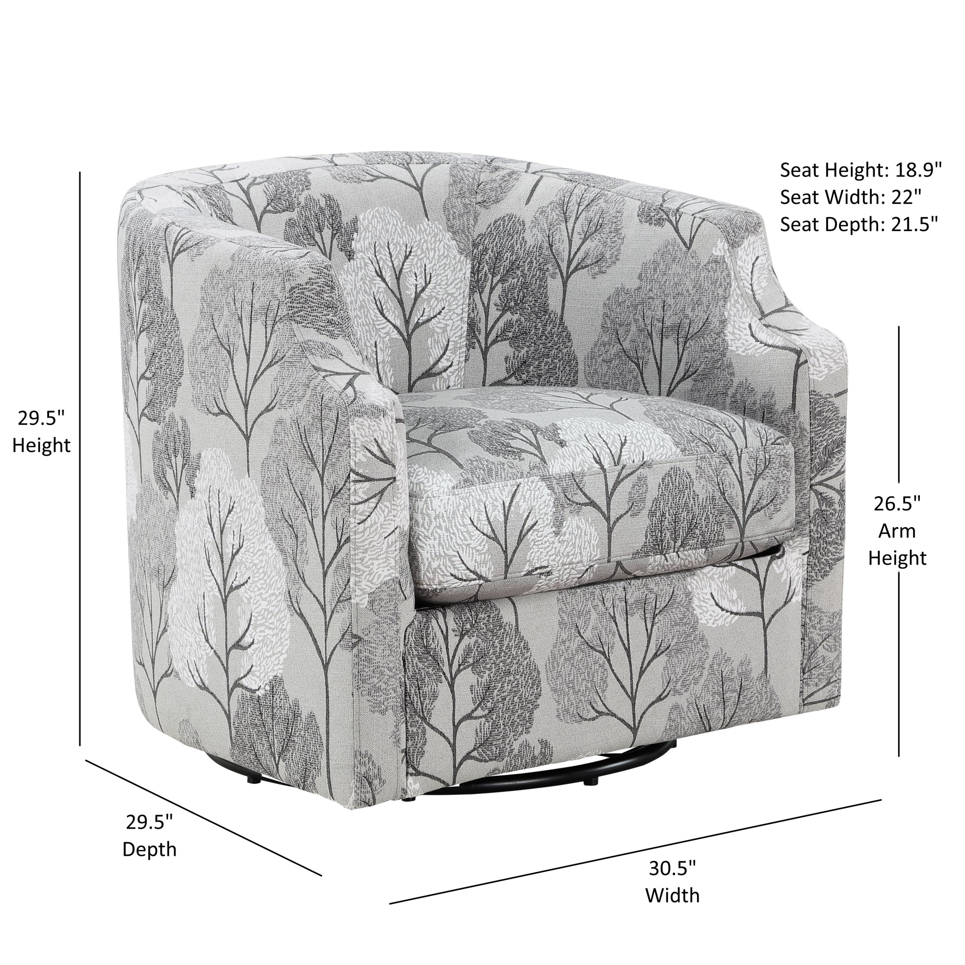 Gray upholstered accent chair with a tree pattern ideal for living rooms