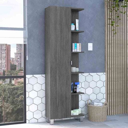 Tall grey wood veneer bathroom cabinet with open shelving displaying toiletries and decor
