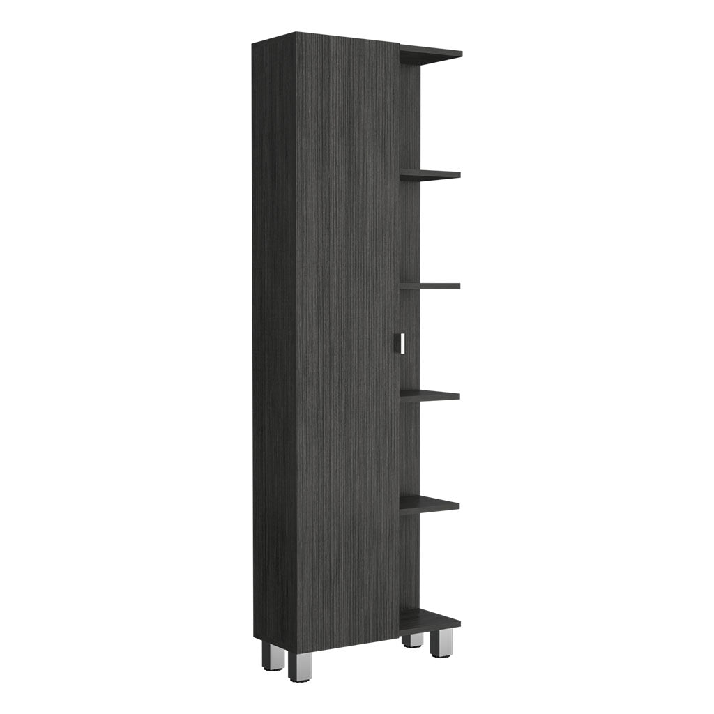 Tall dark wood veneer bookshelf with five shelves and metal feet