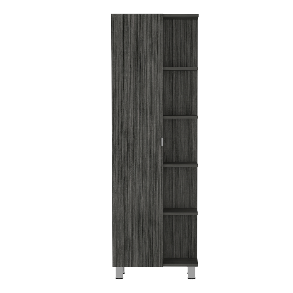 Tall dark grey wood veneer storage cabinet with adjustable shelves and a door