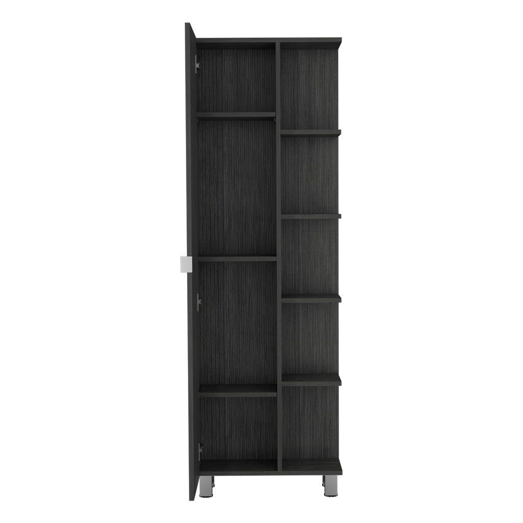Dark grey tall storage cabinet with open door featuring multiple shelves and metallic feet