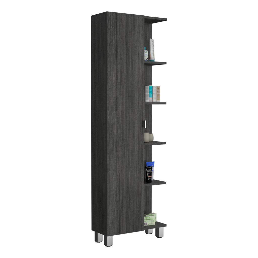 Tall dark gray wood grain tower shelf unit with multiple compartments and products displayed