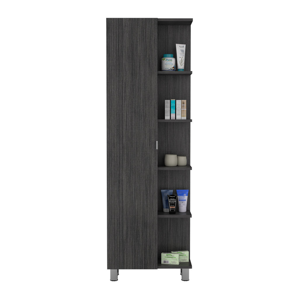 Tall dark gray wood grain cabinet with open shelving displaying toiletries