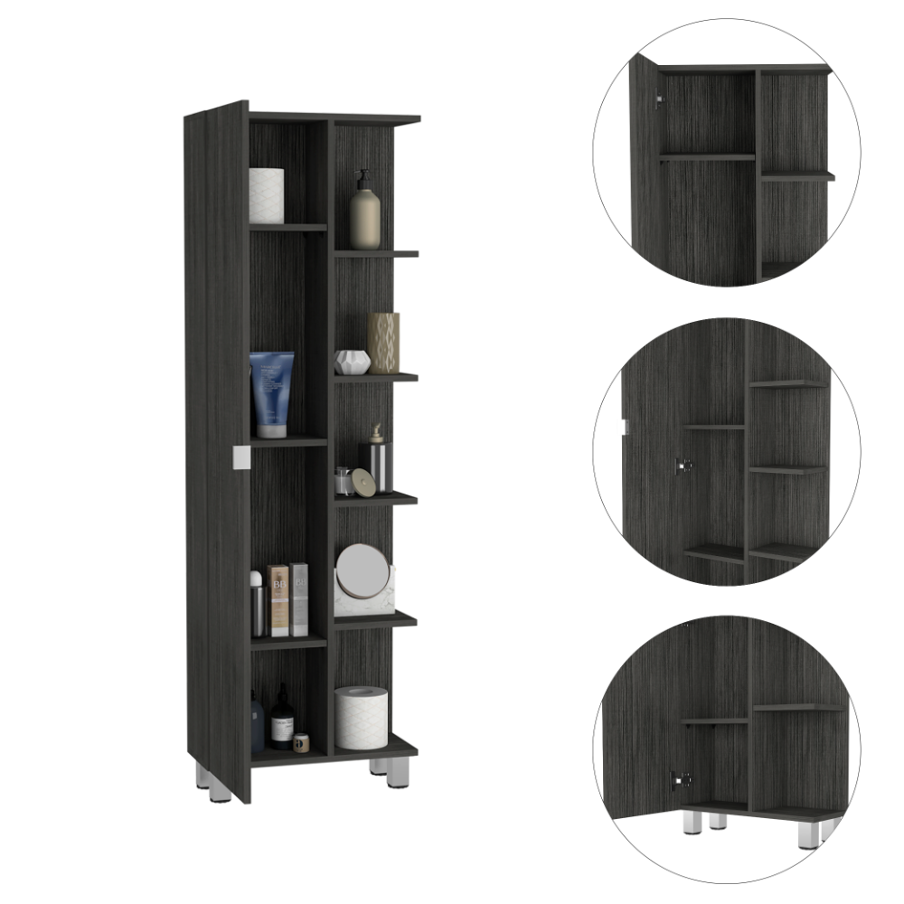 Tall dark grey wood veneer shelving unit with multiple compartments and silver legs