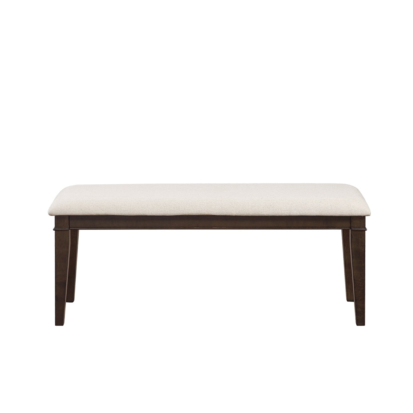 Upholstered dining bench with textured beige seat and dark wood legs