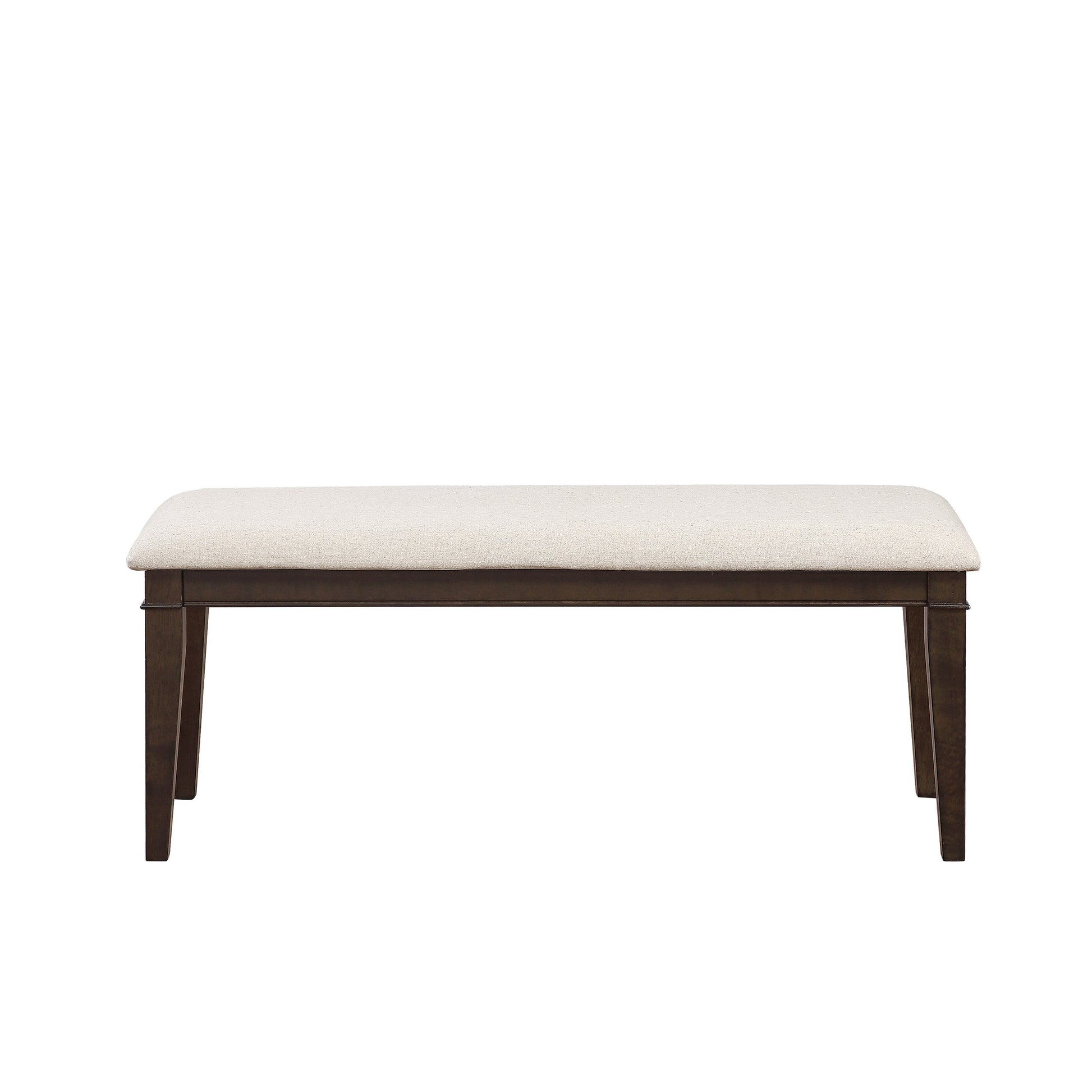 Upholstered dining bench with textured beige seat and dark wood legs