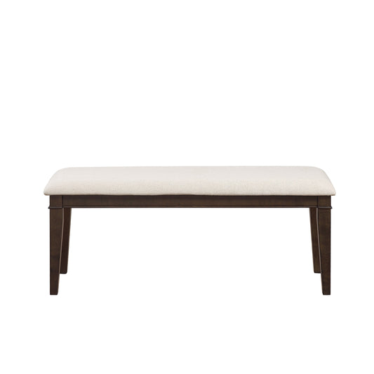 Upholstered dining bench with textured beige seat and dark wood legs
