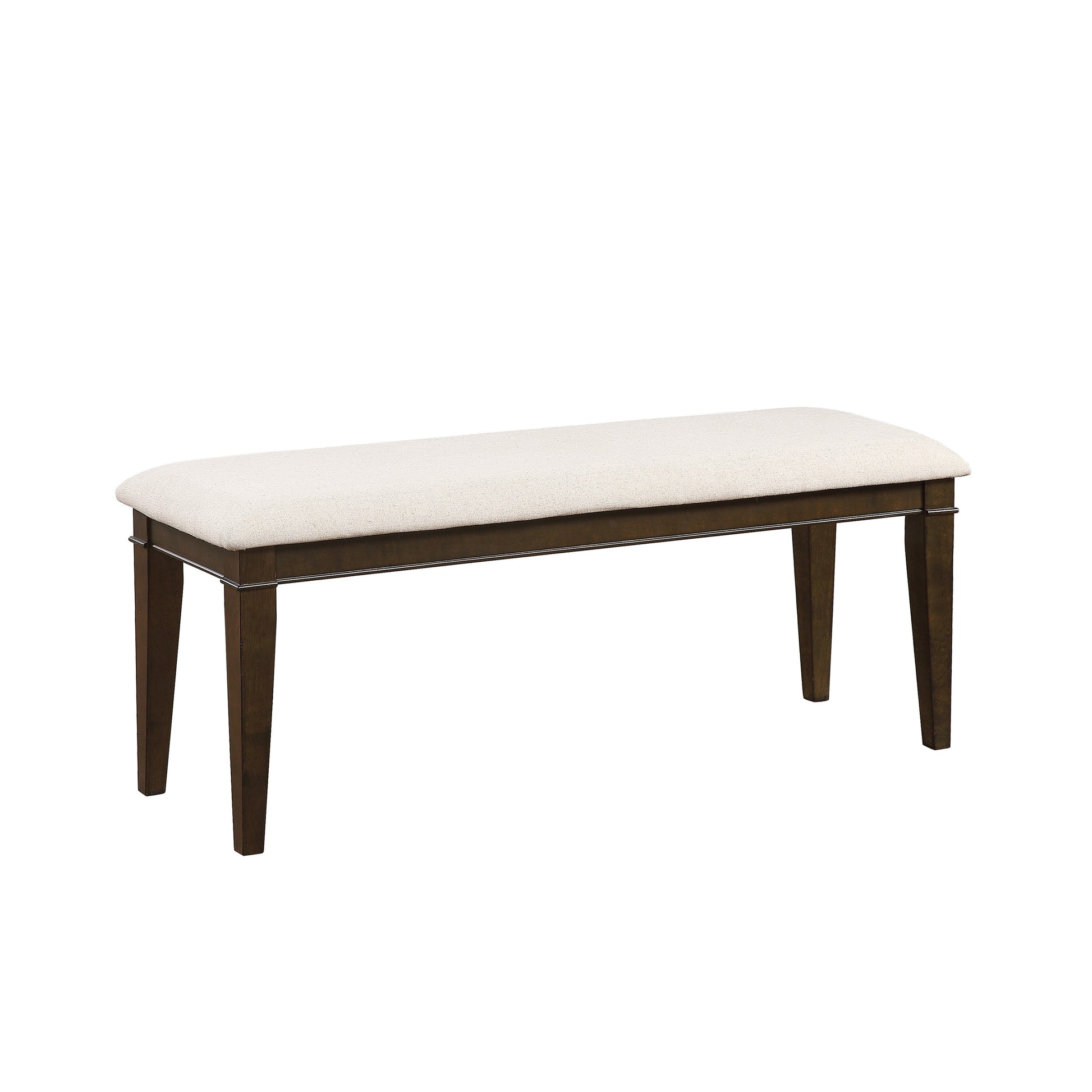 Dark wood dining bench with a cream textured upholstered seat classic style for entryways